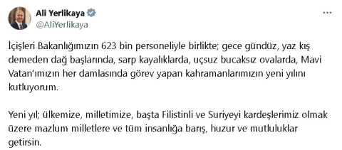 İçişleri Bakanı Yerlikaya'dan 'yeni yıl' mesajı