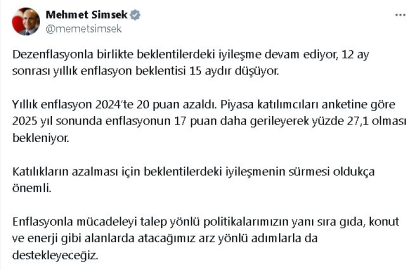 Bakan Şimşek: 12 ay sonrası yıllık enflasyon beklentisi 15 aydır düşüyor