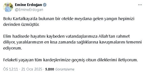 Emine Erdoğan'dan Kartalkaya'daki yangında hayatını kaybedenler için taziye mesajı